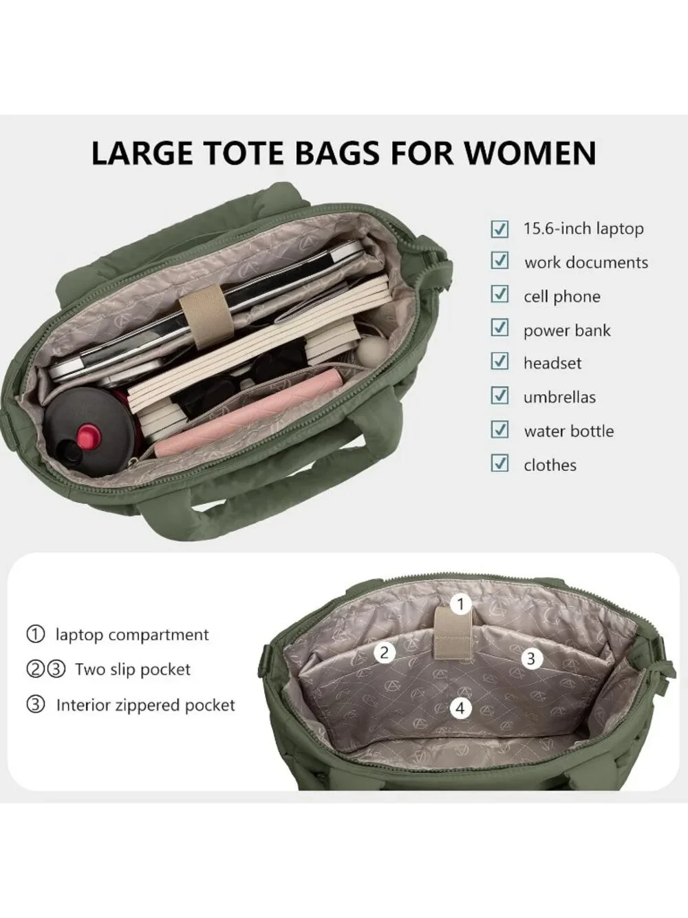 👜Women's Dark Green Quilted Puffer Tote Bag Lightweight Work For Travel Handbag